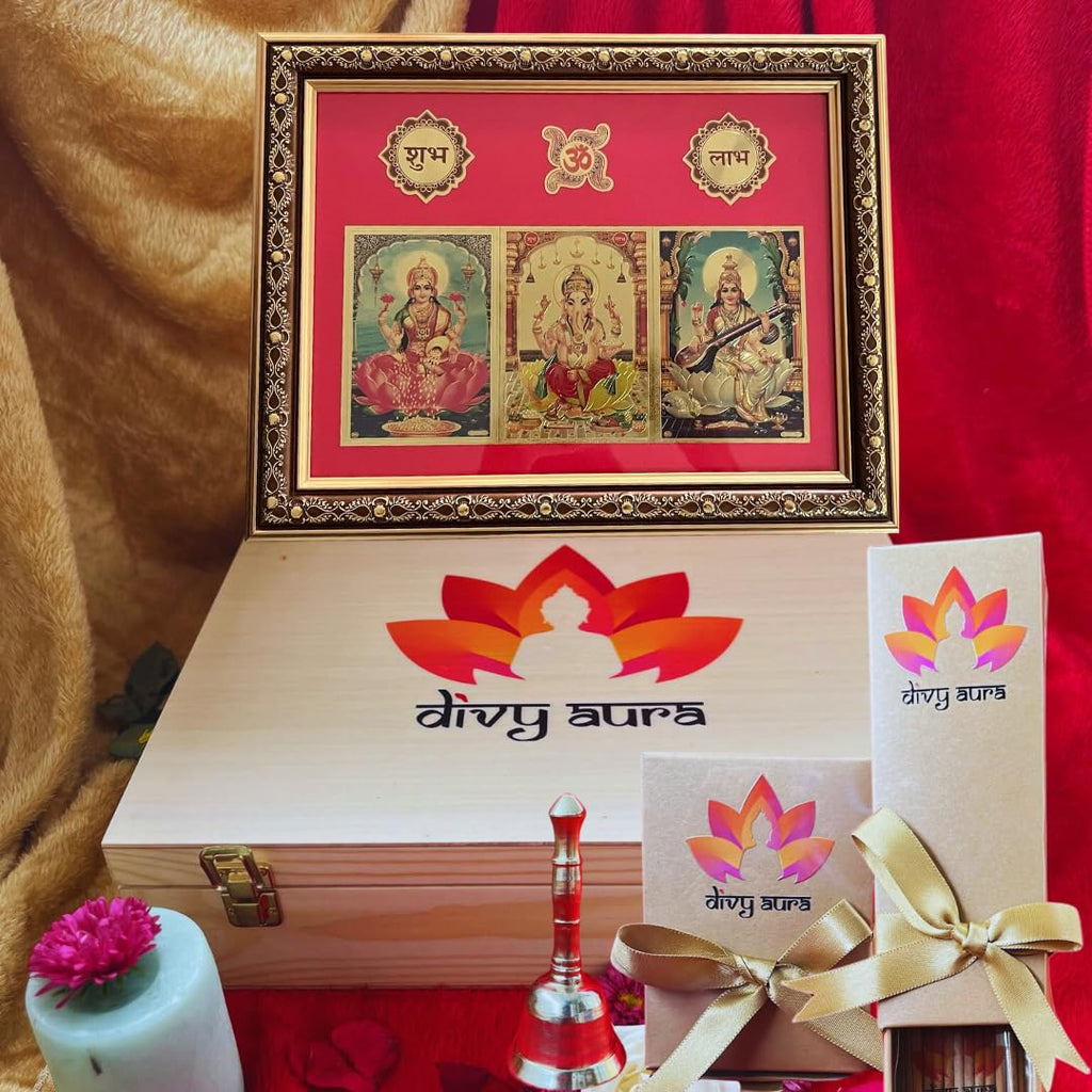Shri Lakshmi Ganesh Saraswati Premium Wooden Box Gift Set
